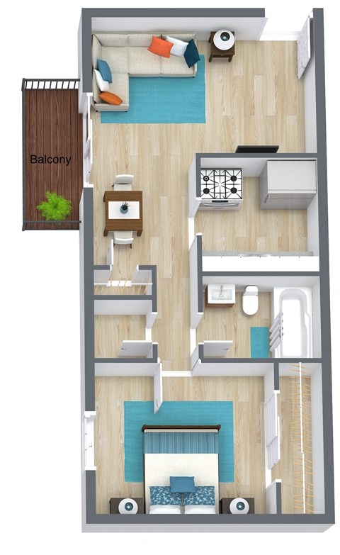 Brookside's one-bedroom floorplan with furniture